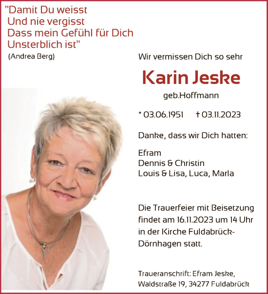 Traueranzeige von Karin Jeske von HNA