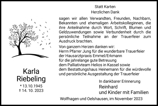 Traueranzeige von Karla Riebeling von HNA