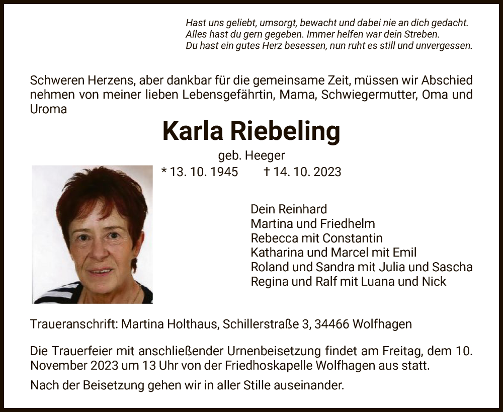  Traueranzeige für Karla Riebeling vom 04.11.2023 aus HNA