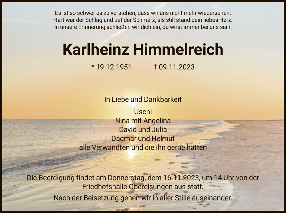  Traueranzeige für Karlheinz Himmelreich vom 14.11.2023 aus HNA