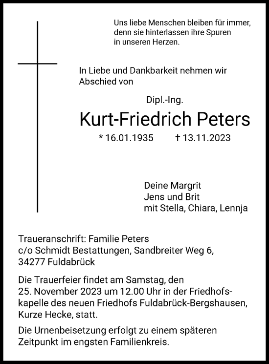 Traueranzeige von Kurt-Friedrich Peters von HNA