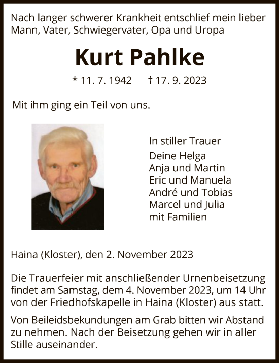 Traueranzeige von Kurt Pahlke von HNA