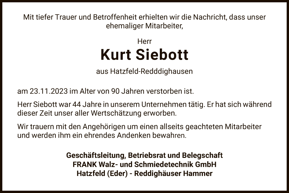  Traueranzeige für Kurt Siebott vom 29.11.2023 aus HNA