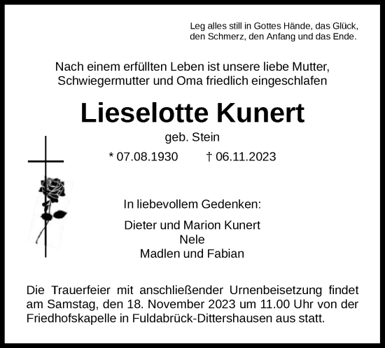 Traueranzeige von Lieselotte Kunert von HNA