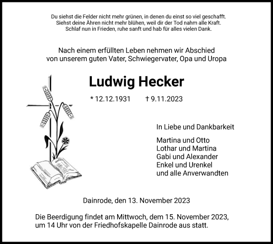 Traueranzeige von Ludwig Hecker von HNA