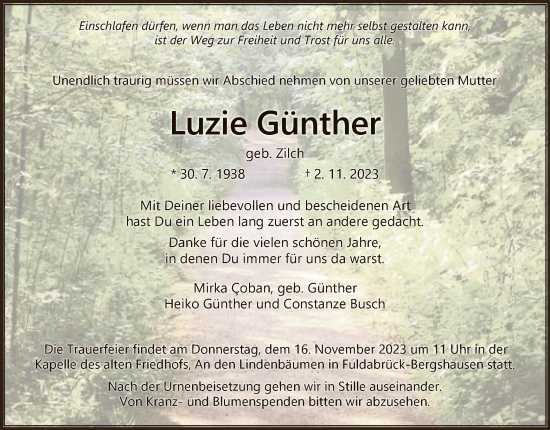 Traueranzeige von Luzie Günther von HNA