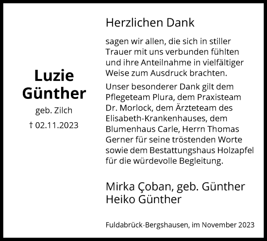 Traueranzeige von Luzie Günther von HNA