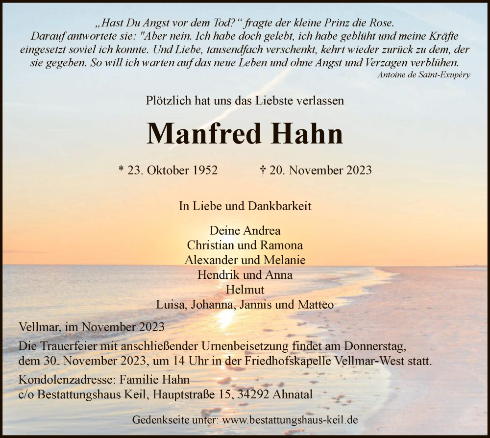  Traueranzeige für Manfred Hahn vom 24.11.2023 aus HNA