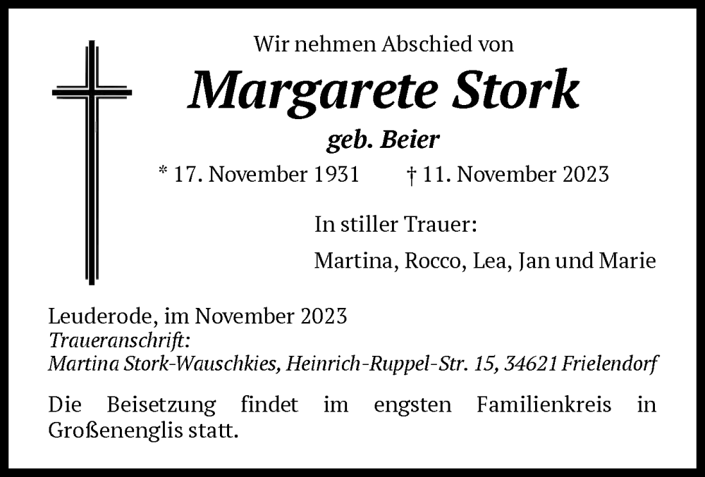  Traueranzeige für Margarete Stork vom 18.11.2023 aus HNA