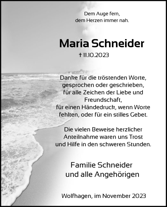 Traueranzeige von Maria Schneider von HNA