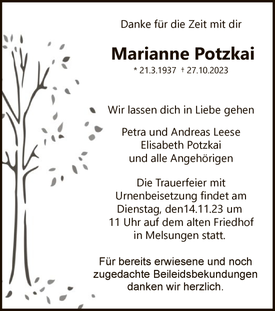 Traueranzeige von Marianne Potzkai von HNA