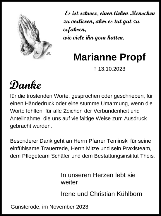 Traueranzeige von Marianne Propf von HNA