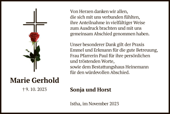 Traueranzeige von Marie Gerhold von HNA