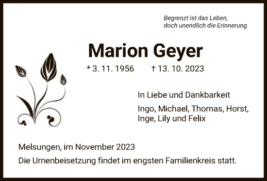 Traueranzeige von Marion Geyer von HNA