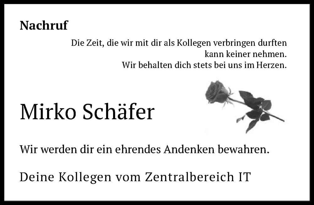  Traueranzeige für Mirko Schäfer vom 17.11.2023 aus HNA