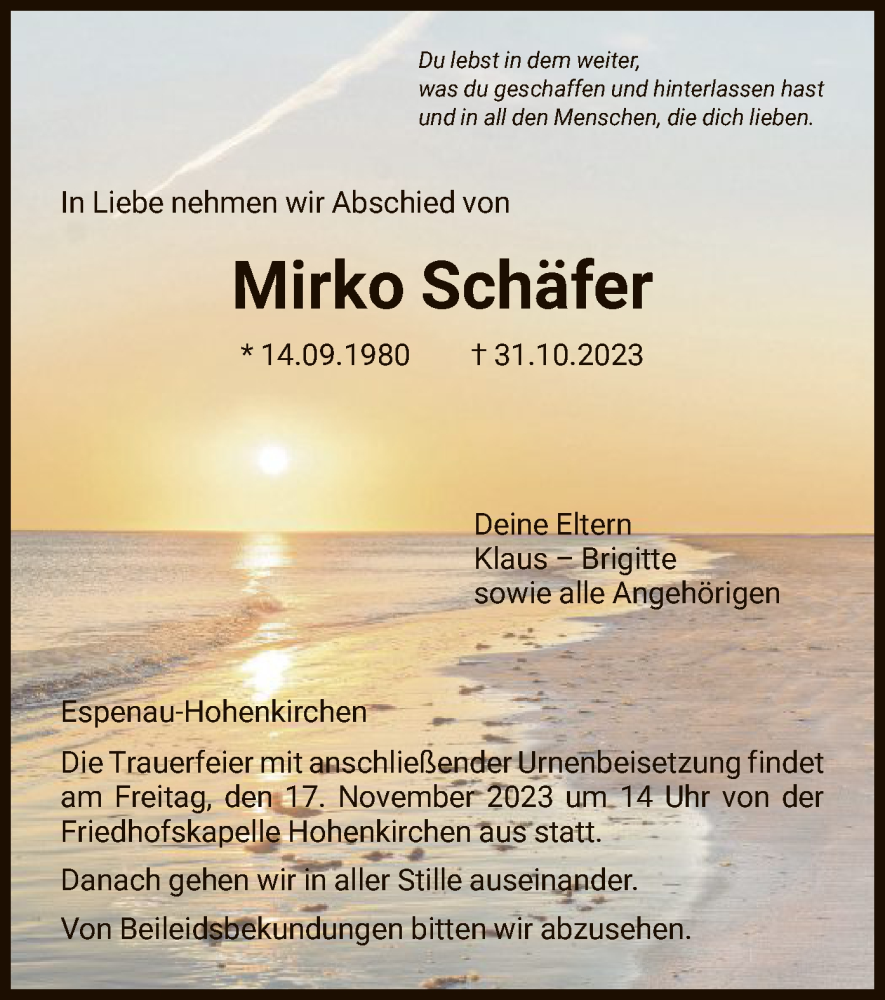  Traueranzeige für Mirko Schäfer vom 11.11.2023 aus HNA