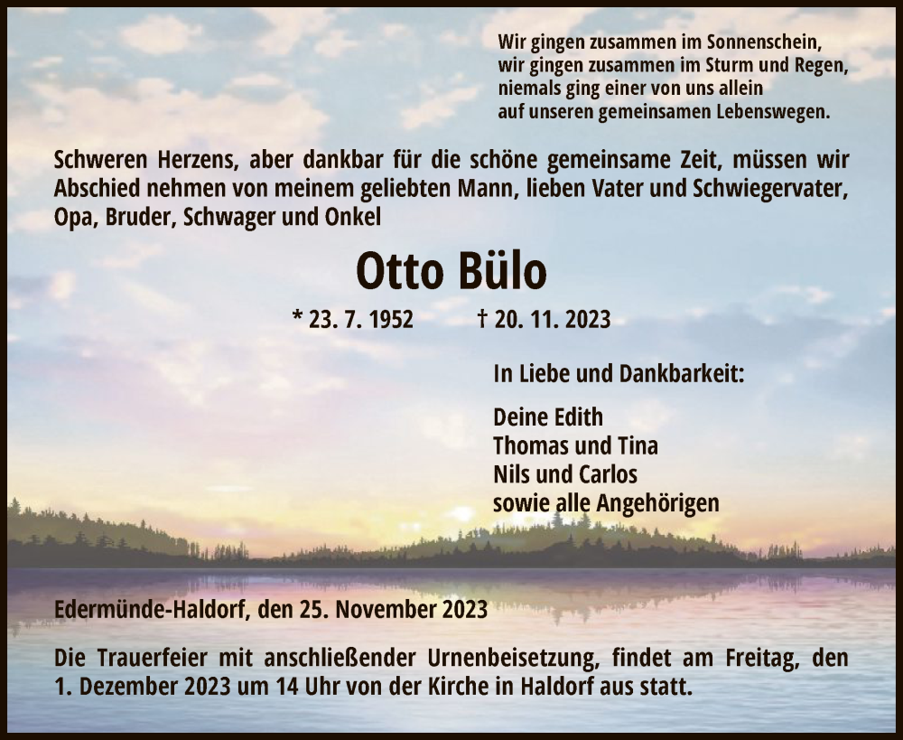  Traueranzeige für Otto Bülo vom 25.11.2023 aus HNA