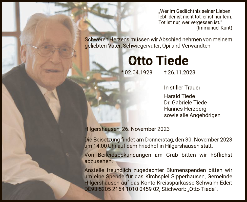  Traueranzeige für Otto Tiede vom 28.11.2023 aus HNAHNA