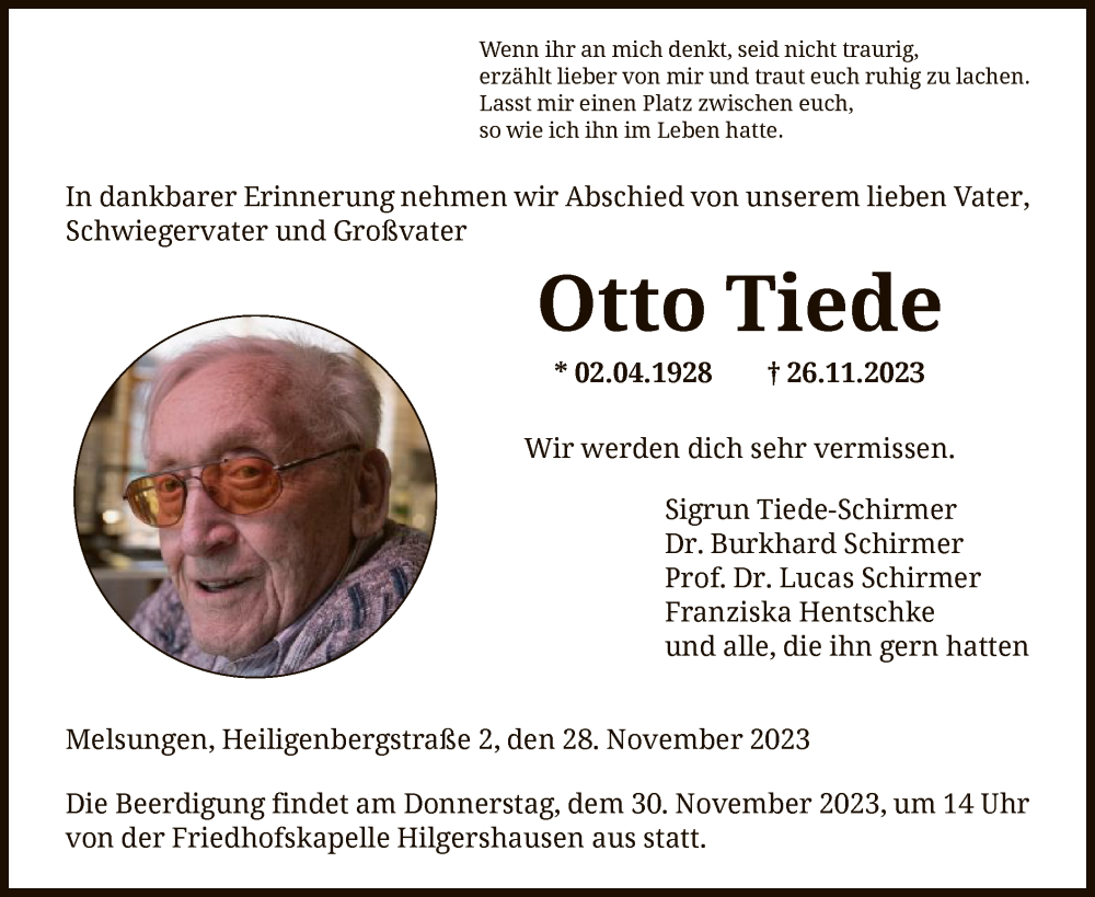  Traueranzeige für Otto Tiede vom 28.11.2023 aus HNA