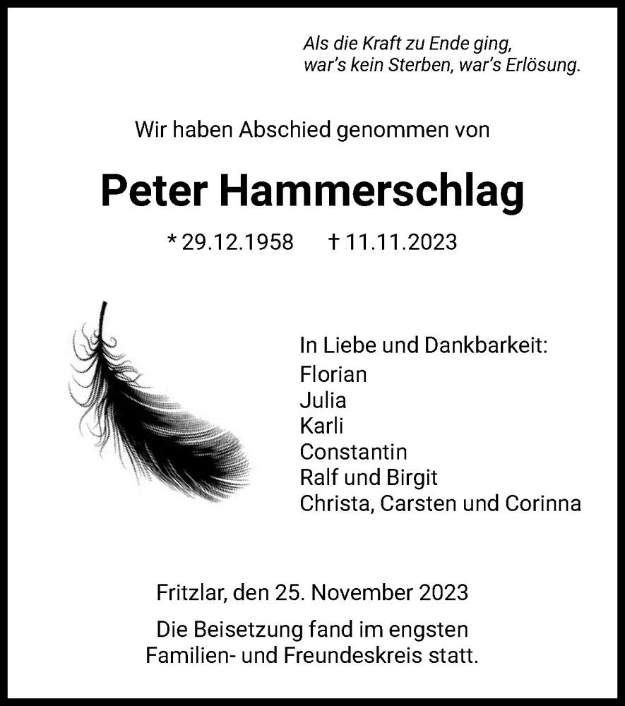  Traueranzeige für Peter Hammerschlag vom 25.11.2023 aus HNA