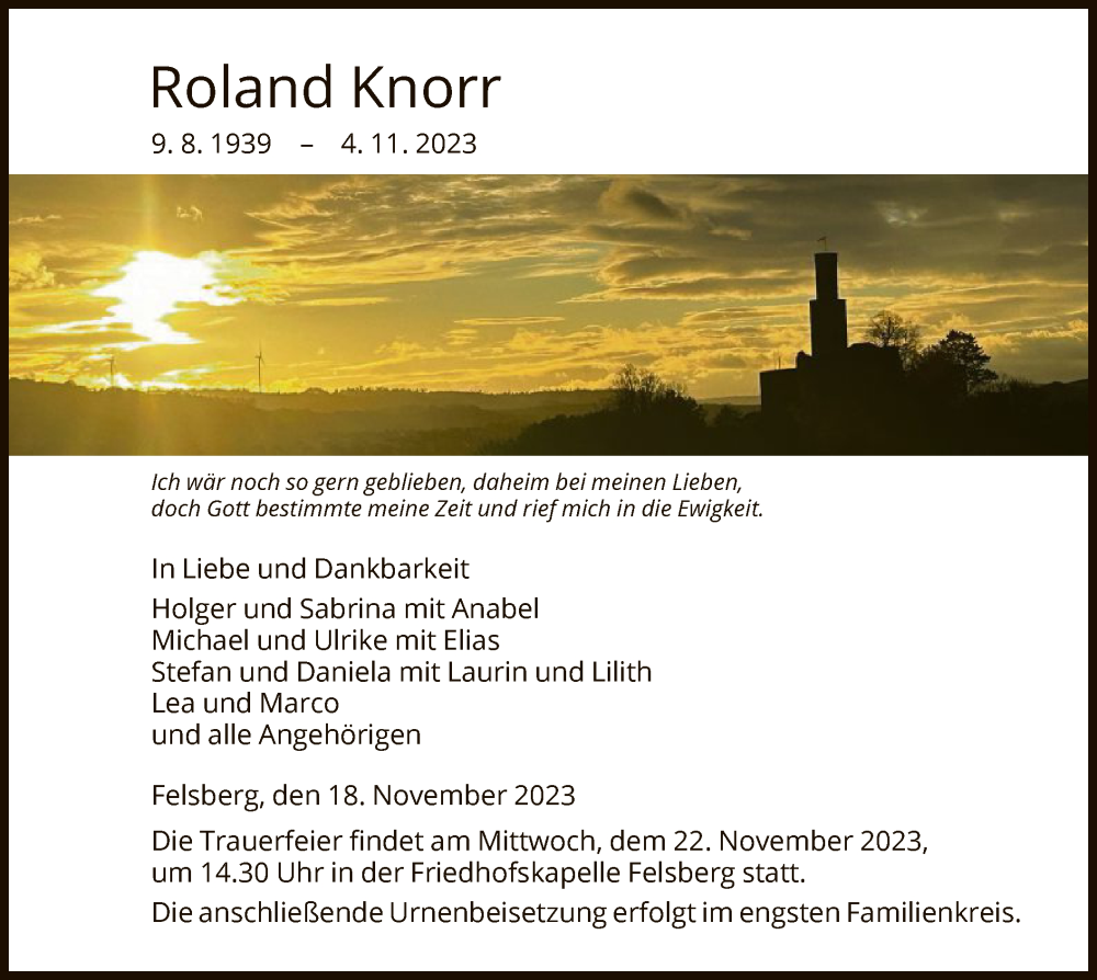  Traueranzeige für Roland Knorr vom 18.11.2023 aus HNA