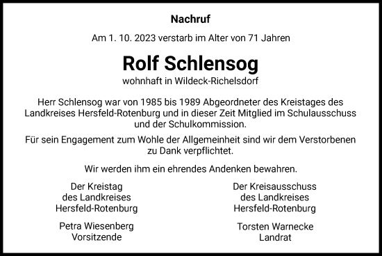 Traueranzeige von Rolf Schlensog von HZHNA