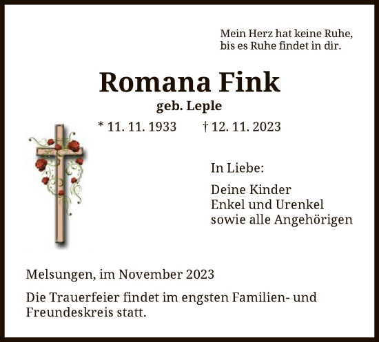 Traueranzeige von Romana Fink von HNA