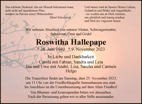 Traueranzeige von Roswitha Hallepape von HNA