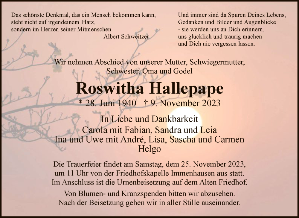  Traueranzeige für Roswitha Hallepape vom 22.11.2023 aus HNA