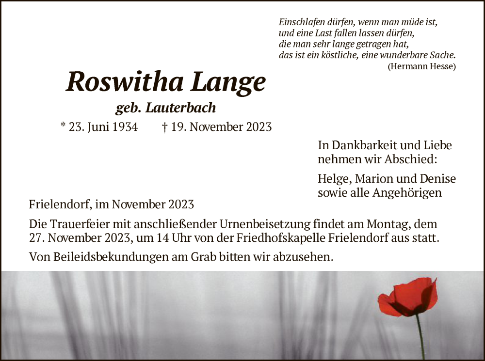  Traueranzeige für Roswitha Lange vom 23.11.2023 aus HNAHNA