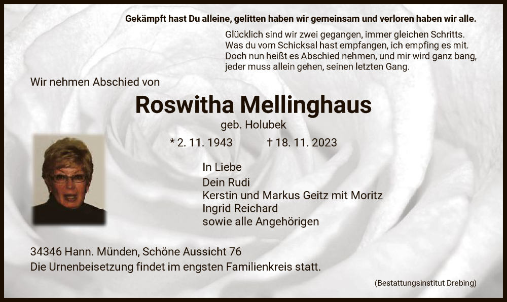  Traueranzeige für Roswitha Mellinghaus vom 25.11.2023 aus HNA