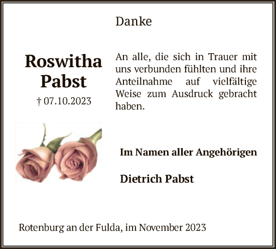 Traueranzeige von Roswitha Pabst von HNA