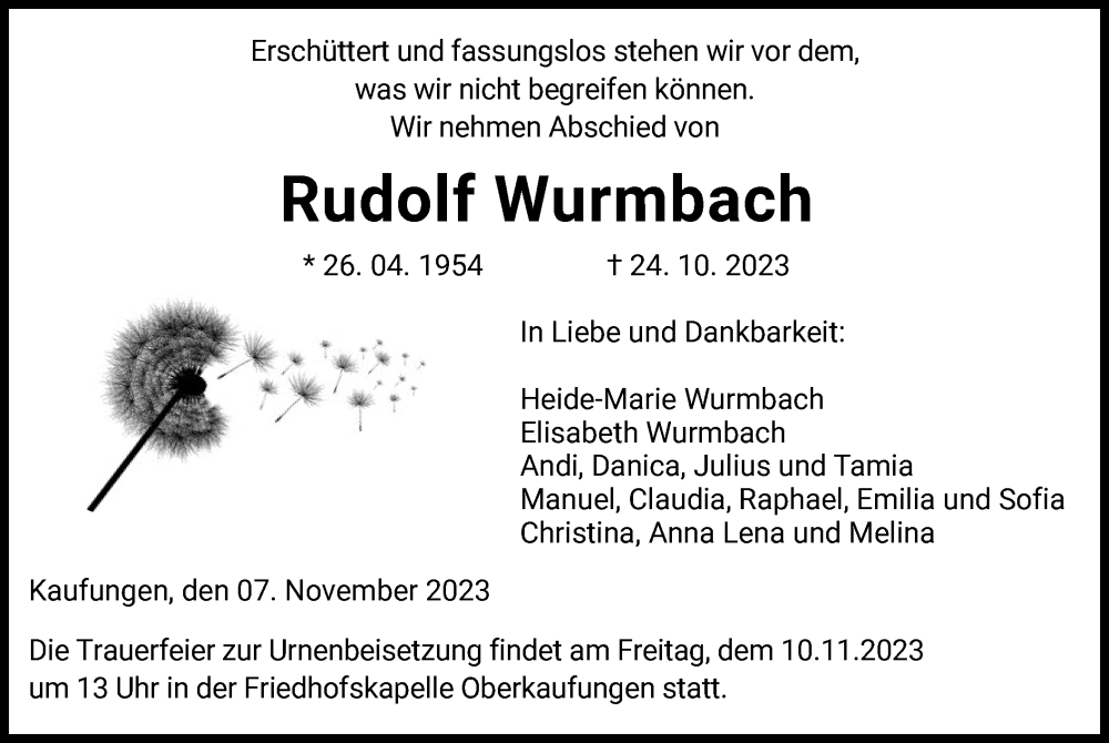  Traueranzeige für Rudolf Wurmbach vom 07.11.2023 aus HNA