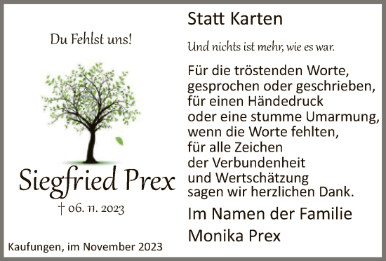 Traueranzeige von Siegfried Prex von HNA