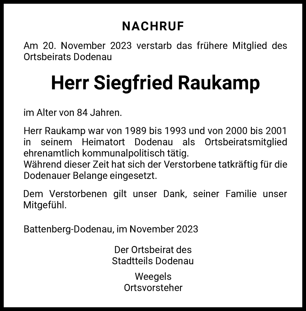  Traueranzeige für Siegfried Raukamp vom 24.11.2023 aus HNA