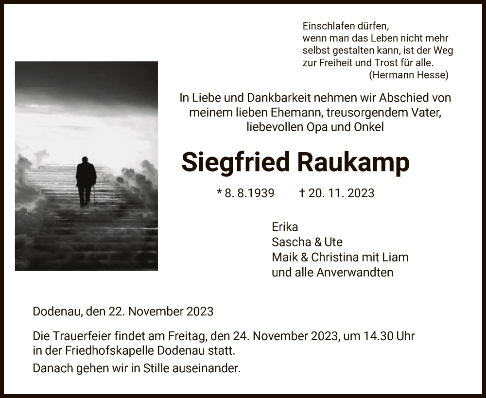  Traueranzeige für Siegfried Raukamp vom 22.11.2023 aus HNA