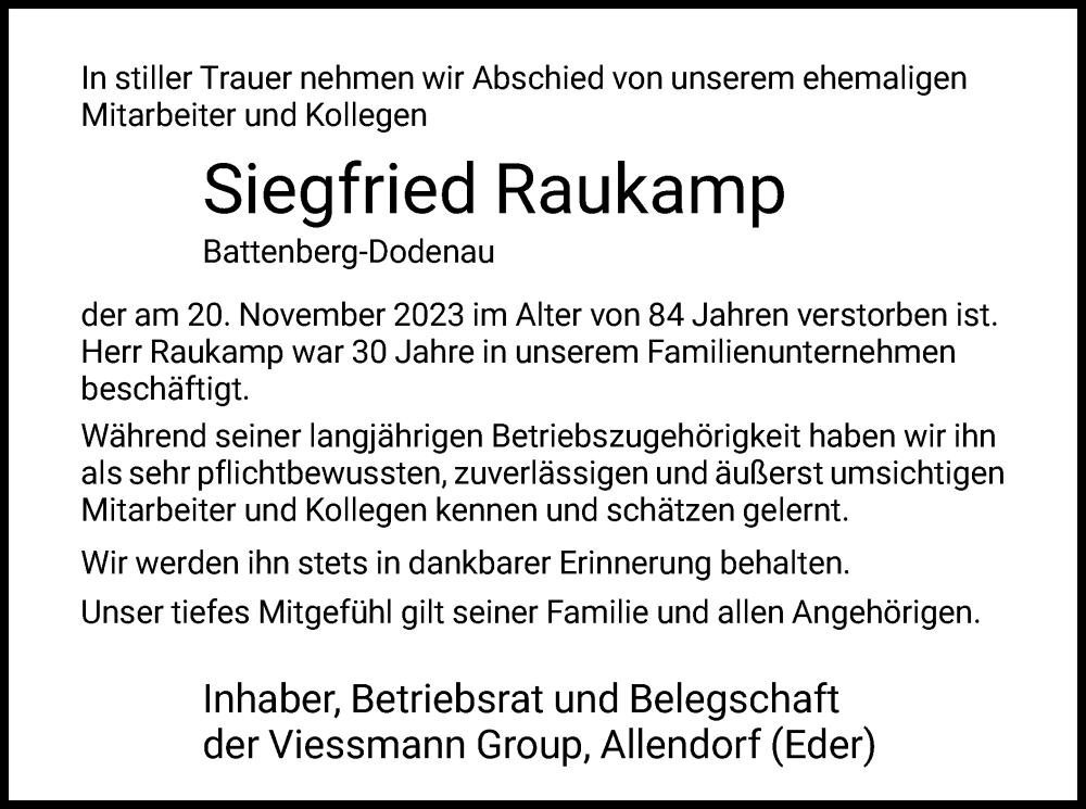  Traueranzeige für Siegfried Raukamp vom 25.11.2023 aus HNA