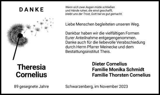 Traueranzeige von Theresia Cornelius von HNA