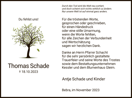 Traueranzeige von Thomas Schade von HNA