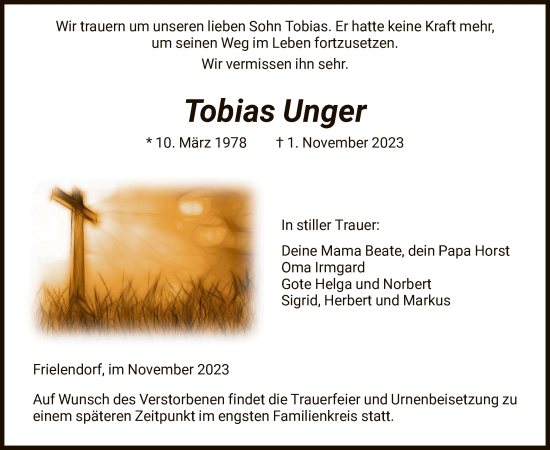 Traueranzeige von Tobias Unger von HNA