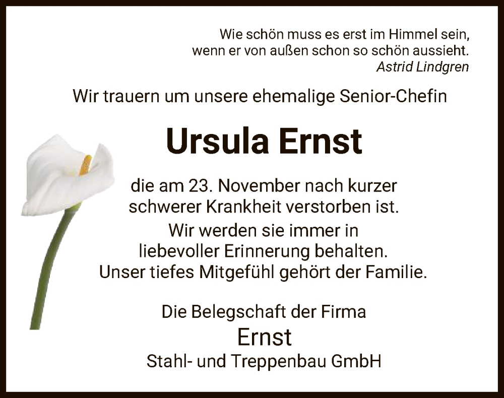  Traueranzeige für Ursula Ernst vom 28.11.2023 aus HNA