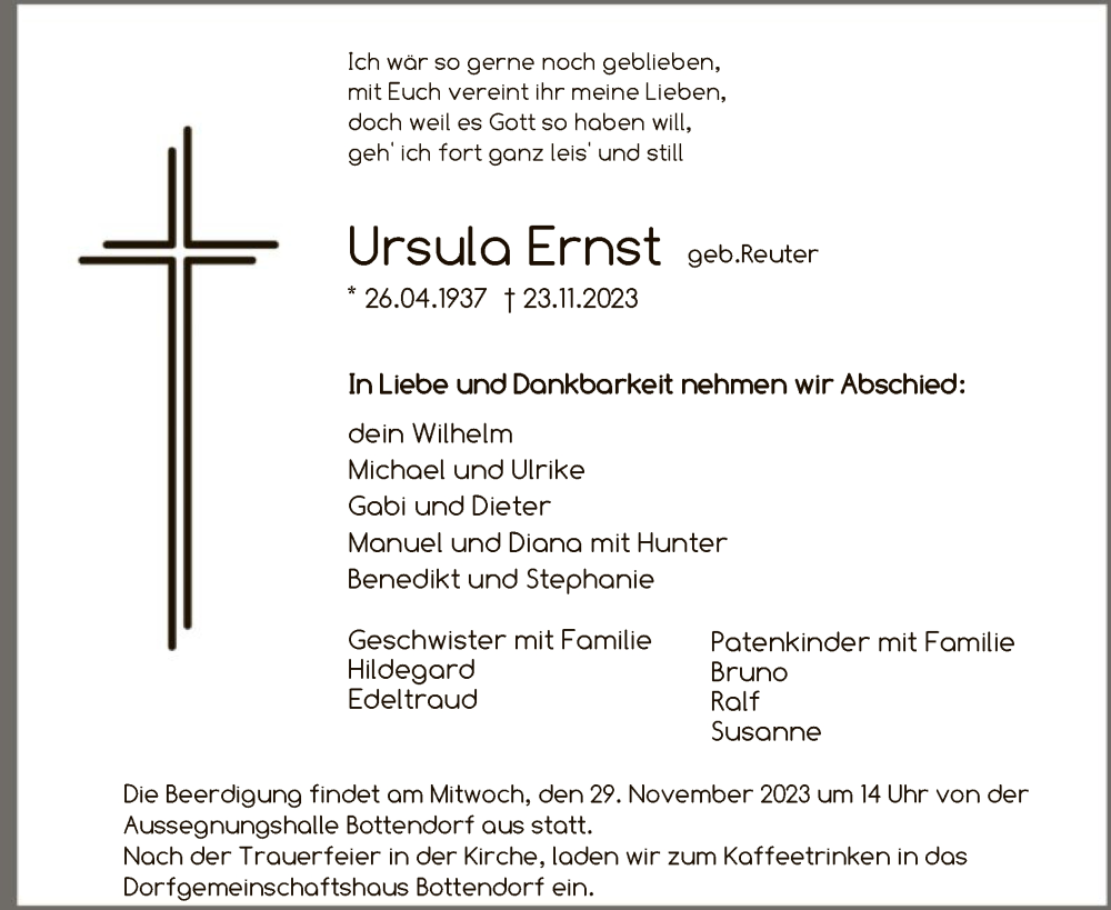  Traueranzeige für Ursula Ernst vom 27.11.2023 aus HNA