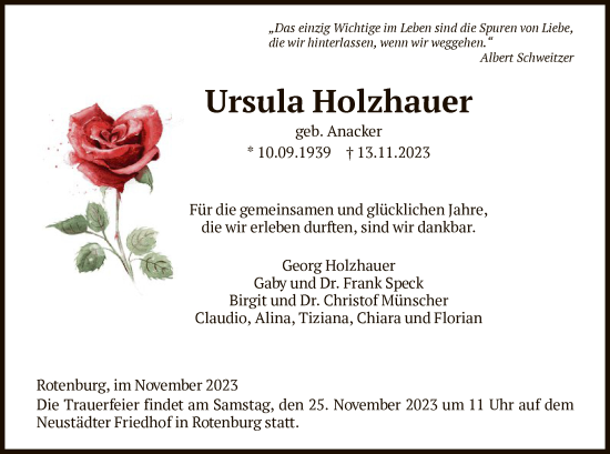 Traueranzeige von Ursula Holzhauer von HNA