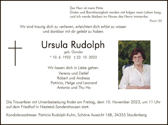 Traueranzeige von Ursula Rudolph von HNA