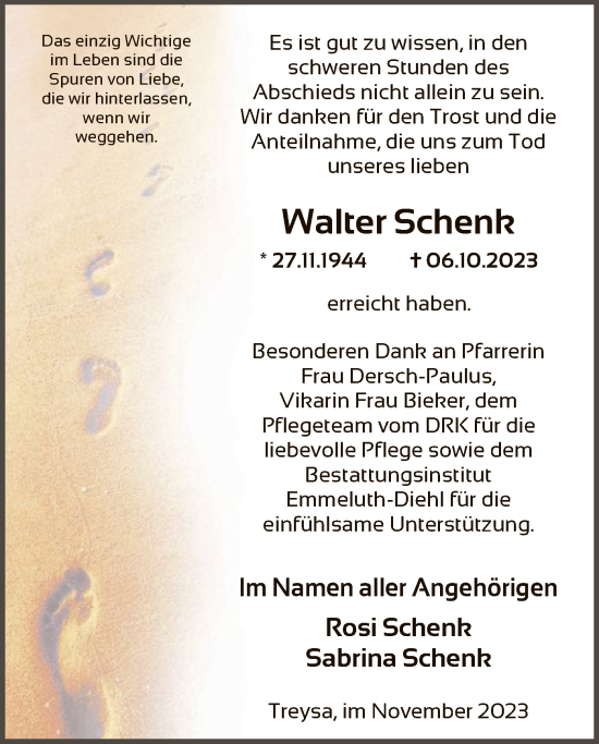 Traueranzeige von Walter Schenk von HNA