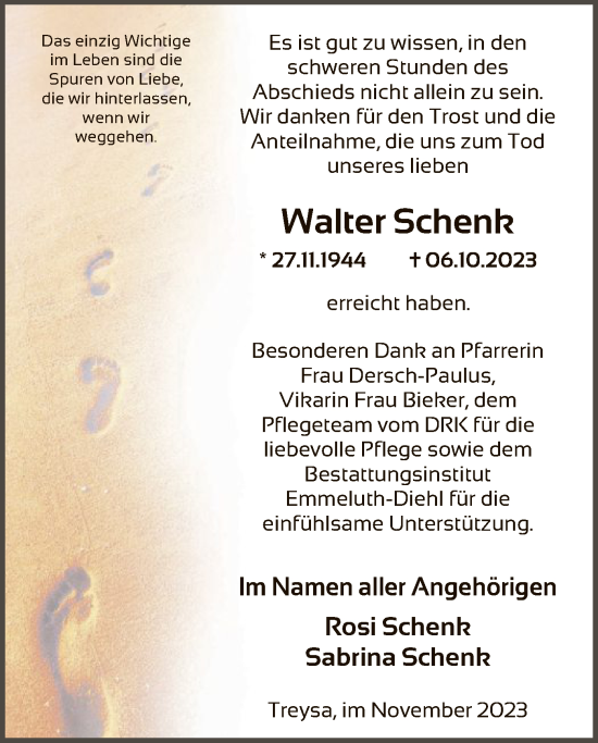 Traueranzeige von Walter Schenk von HNA