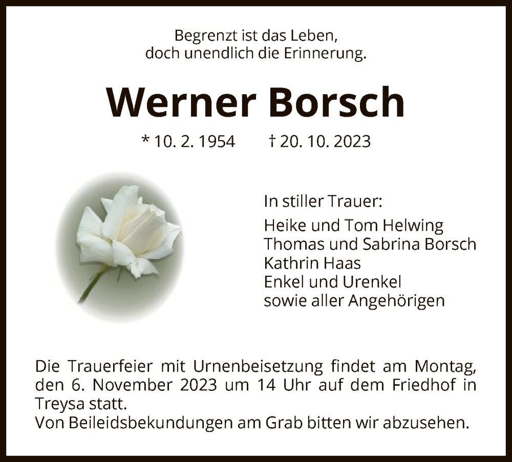  Traueranzeige für Werner Borsch vom 03.11.2023 aus HNA