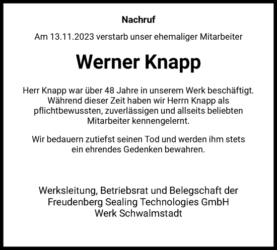 Traueranzeige von Werner Knapp von HNA