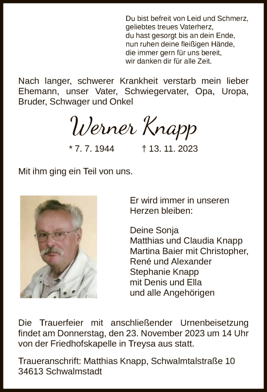 Traueranzeige von Werner Knapp von HNA