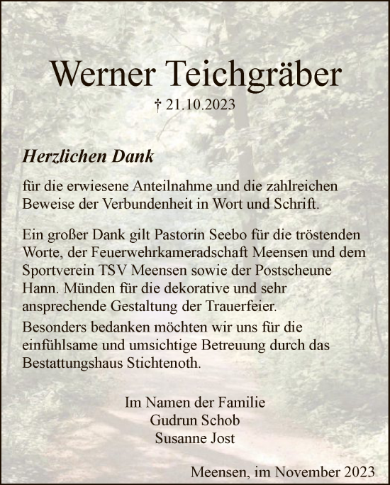 Traueranzeige von Werner Teichgräber von HNA